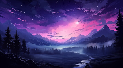 Vibrant Pink and Purple Sunset Over Mountainous Landscape