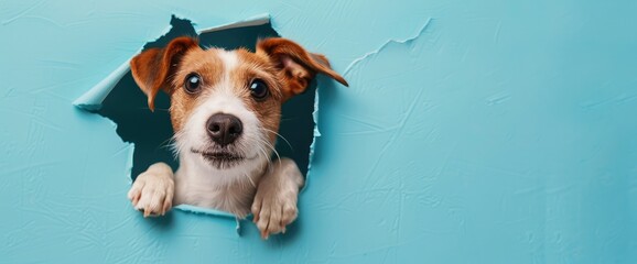 Funny dog muzzle jack russell terrier sticks out of a hole in a blue cardboard background. - Powered by Adobe