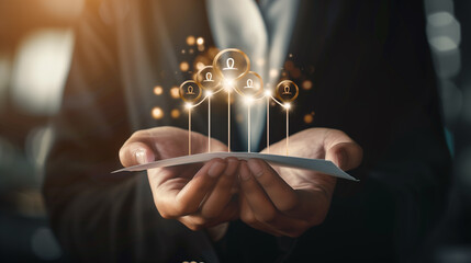 Businessman holding a paper document with social network icons. 3d rendering.