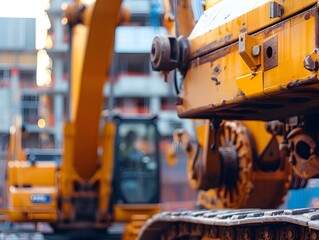 Fototapeta premium Cranes and Excavators Close-Up with Blurred Construction Site Background