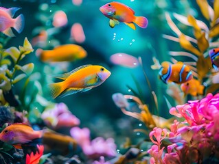 Naklejka premium Vibrant Aquarium with Exotic Fish and Aquatic Plants