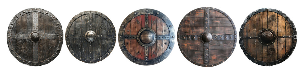Fototapeta premium 背景透過、錆びた5種類の丸盾、バックラー 