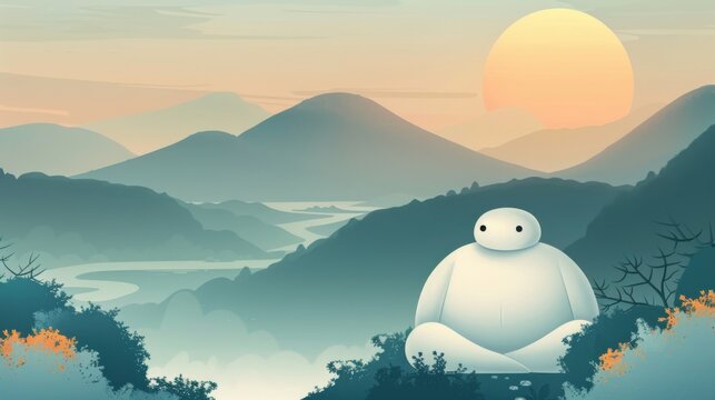 Tranquil Sunset Scenery with Big Hero 6's Baymax