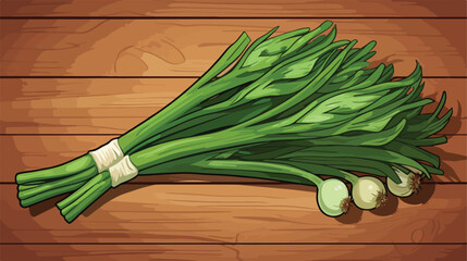 Fresh green onion on wooden background 2d flat cart