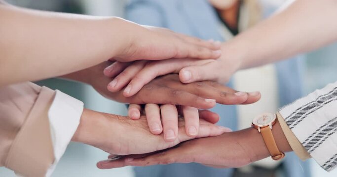 Business people, hands and stack for teamwork in office, motivation and collaboration for trust. Employees, support and partnership at agency, pile and staff at workshop or team building at work