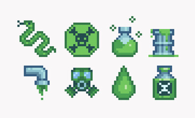 Toxic, poisonous icons pixel art set. Contaminated waste collection. Poison in bottle, polluted water 8 bit. Game development, mobile app. Isolated vector illustration. 