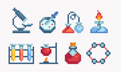 Naklejka premium Chemistry icons pixel art set. Laboratory, biological equipment collection. Chemical reaction. Molecule, atom chain 8 bit. Game development, mobile app. Isolated vector illustration. 