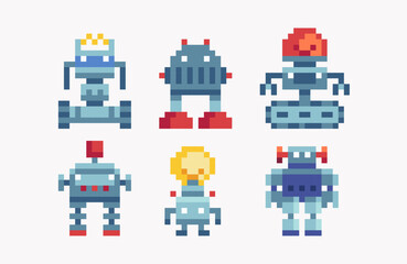 Robot toys pixel art set. Android bot cute collection. Futuristic mechanical cyborg 8 bit. Game development, mobile app. Isolated vector illustration. 