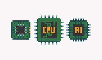 Computer chip pixel art set. CPU, AI microchip collection. Electric circuit 8 bit. Game development, mobile app. Isolated vector illustration. 