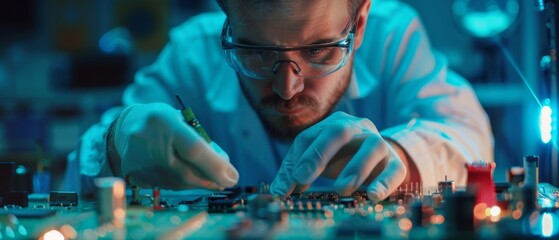 Printed Circuit Board Inspection: An electronic quality control engineer inspects a Printed Circuit Board for damage. This PCB assembly line uses surface mount pick and place technology in the