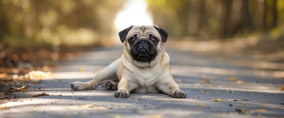 Obraz premium Funny pug dog playing on concrete road.