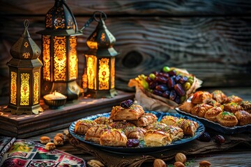 Fototapeta premium Eid al-Fitr celebration display with traditional sweets, lanterns, prayer mats, and dates on wooden background