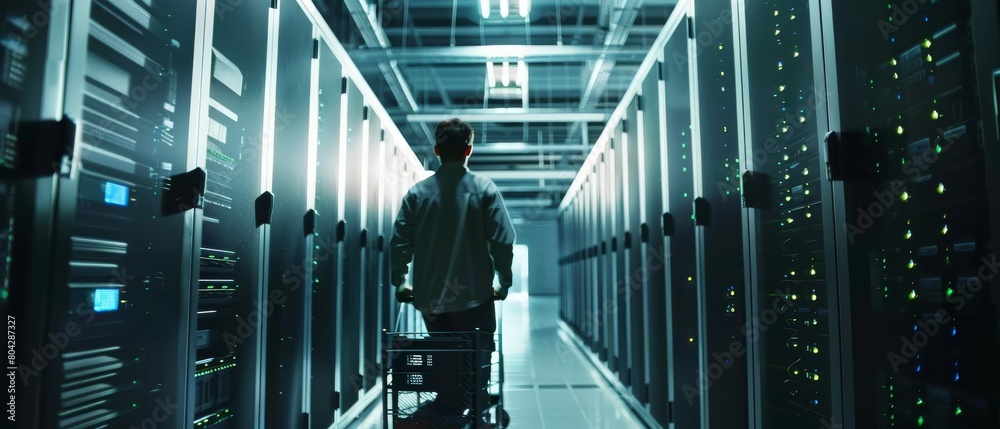 Poster a modern data center shows an it technician pushing a cart between rows of server racks. hardware fo