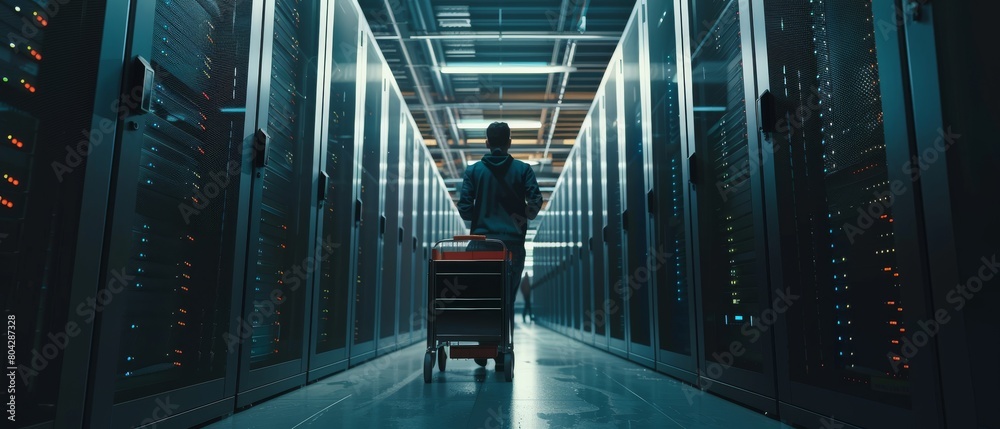 Wall mural A modern data center: IT technician pushes a cart between rows of servers. New hardware is on a pushcart for system updates. Maintenance and diagnostic engineers work on the system.