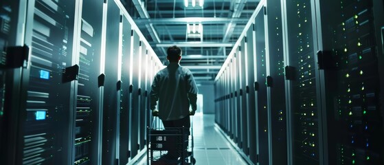 A modern data center shows an IT technician pushing a cart between rows of server racks. Hardware for new systems is on the cart. A maintenance engineer is doing maintenance and diagnostics.
