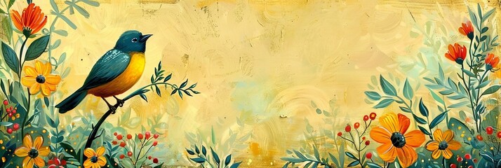 Bird Perched on Branch, banner copy space