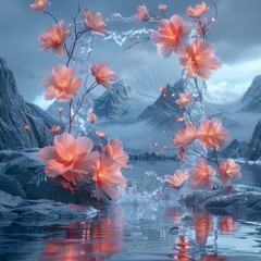 Frozen Pink Flowers and Icicles in Mystical Setting