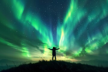 A mesmerizing illustration of a person gazing in wonder at the enchanting display of the Northern Lights illuminating the night sky. - obrazy, fototapety, plakaty