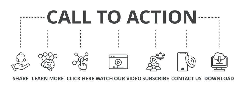 Call to action concept icon illustration contain share, learn more, click here, watch our video, subscribe, contact us and download.