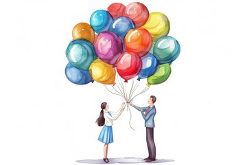 Vibrant illustration of a teacher delightedly receiving a bouquet of colorful balloons, creating a heartwarming moment of appreciation and celebration. - obrazy, fototapety, plakaty