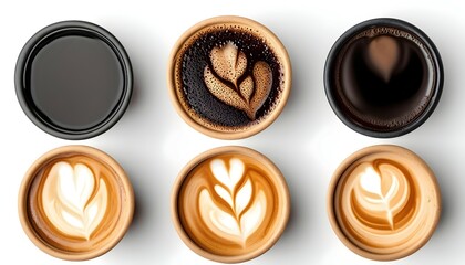 Top view of coffee cups with latte art - obrazy, fototapety, plakaty