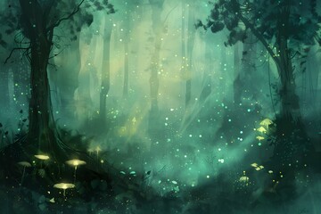Mystical Forest with Luminescent Mushrooms and Fireflies
