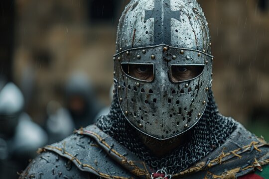 A medieval knight's armor is in focus, with the face intentionally blurred out