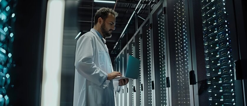 White-coated male IT specialist stands beside rack of servers, uses laptop computer to run maintenance diagnostics, checks database performance.