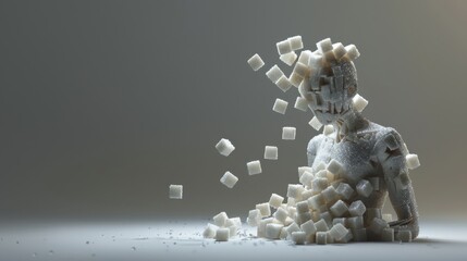 Figure made of sugar cubes disintegrating, symbolizing sugar's impact on the human body