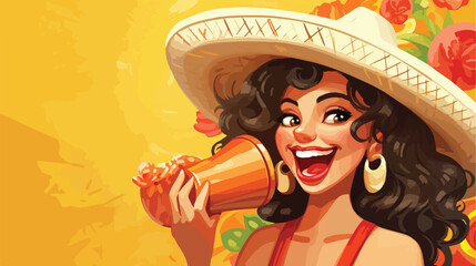 Funny Mexican girl in sombrero hat and with maracas
