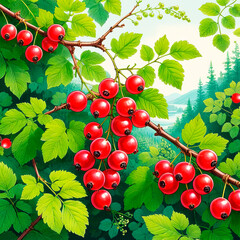 Illustration of red currant berries on bushes against a background of green leaves - obrazy, fototapety, plakaty