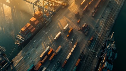 Aerial view of a busy harbor with ships loading and unloading containers, while trucks and trains transport goods to and from the port - obrazy, fototapety, plakaty