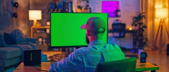 An online video gamer plays on a powerful computer with colorful neon lights. Green screen mock up. A young man wears a cap. Living room with lamps. Evening.
