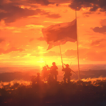 Soldiers Proudly Hoisting Flag at Dawn
