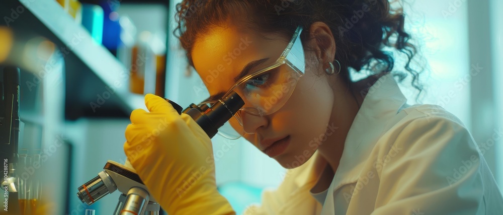 Canvas Prints The female researcher is using a microscope and tablet computer while carrying out genetic and pharmaceutical research in a modern laboratory.