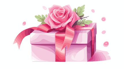 Gift box with pink bow and beautiful rose on white