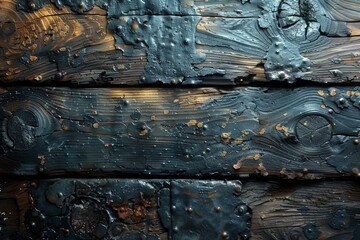 Close-up shot of textured blue painted wood with golden paint splatters creating a rustic and...
