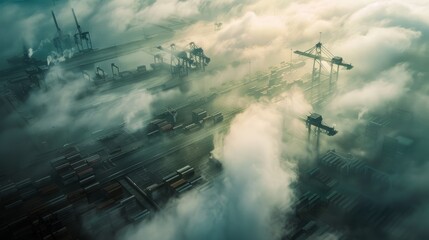 Aerial view of a port terminal engulfed in fog, with shipping containers shrouded in mist and cranes barely visible in the distance