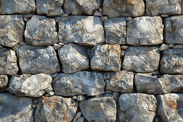 Fototapeta premium A detailed image of a solid stone wall with varied grey tones and rustic textures