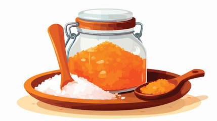 Glass jar and scoop with orange sea salt on white b