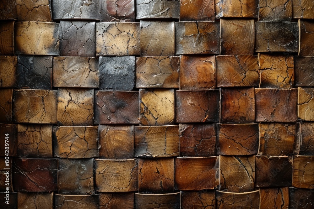 Poster an alternating square pattern formed by wooden blocks on a wall, creating a textured background