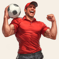 Euphoric Moment of Triumph: Man in Red Jersey Celebrates with Soccer Ball and Fist Pump - obrazy, fototapety, plakaty