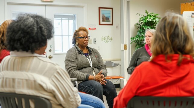 African American woman hosting a health forum, discussing health risks associated with sugar. Perfect for public health education and community outreach