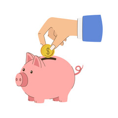 A hand is putting a coin into a pink piggy bank