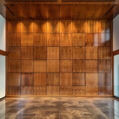 Tiled wood wall lit by spotlights with marble floor.