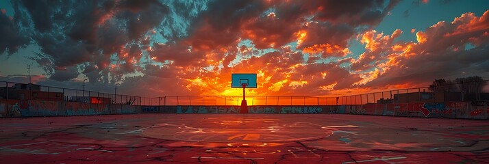 A basketball court with a sunset in the background