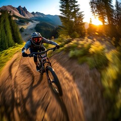 Mountain biker riding downhill fish eye lens view