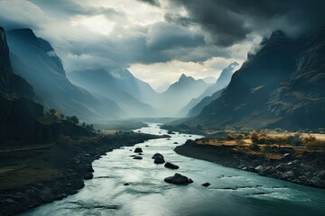 Landscape of Pakistan. River flows through a valley with mountains in the background. The sky is...