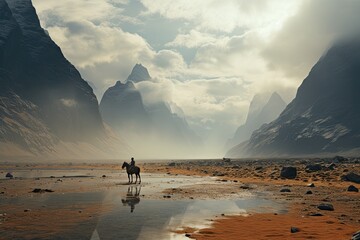 Nature of Pakistan. Man is riding a horse in a desert. The sky is cloudy and the mountains in the background are covered in snow.