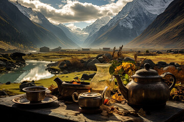 Landscape of Pakistan. Table with a teapot, cups, and a vase of flowers. Halt in the mountains.